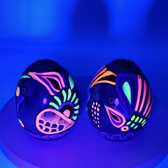 Talavera Salt And Pepper Shakers Hand Made In Mexico Peacock Colorful Blue Green - Picture 7 of 7